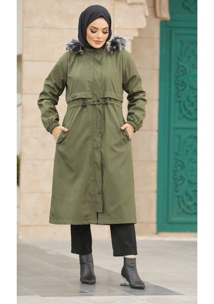 Kürklü Haki Tesettür Parka 60651HK modelleri