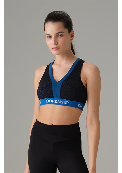 Kadın Mavi Çapraz Lastik File Detaylı Spor Sütyen 5586