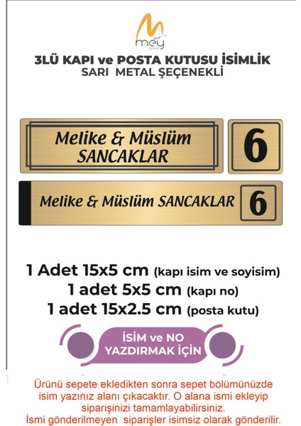 Altın Metal Kapı İsimliği Seti 3'lü - Kapı İsimliği, Kapı Numarası, Posta Kutusu İsimliği