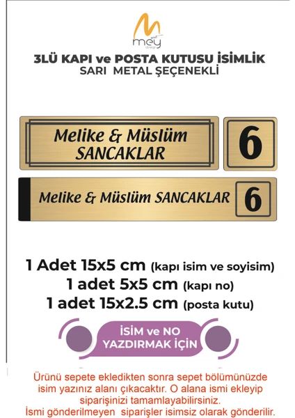 Mey Art Altın Metal Kapı İsimliği Seti 3'lü - Kapı İsimliği, Kapı Numarası, Posta Kutusu İsimliği