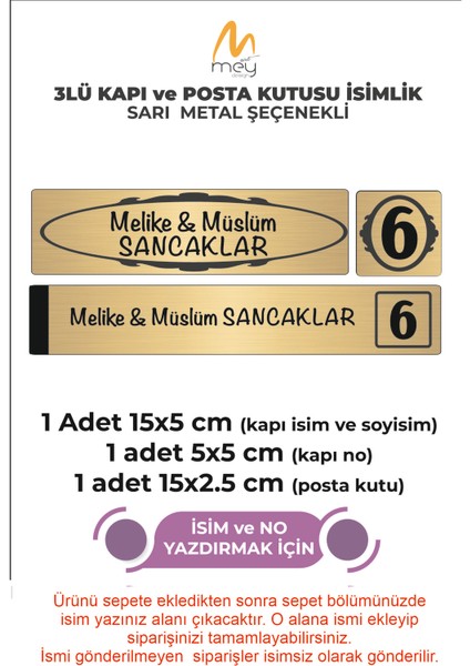 Altın Metal Kapı İsimliği Seti 3'lü - Kapı İsimliği, Kapı Numarası, Posta Kutusu İsimliği