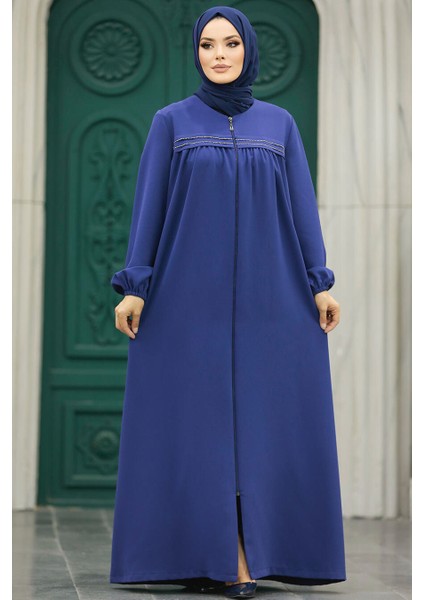 Fermuarlı Indigo Mavisi Tesettür Ferace 10533IM