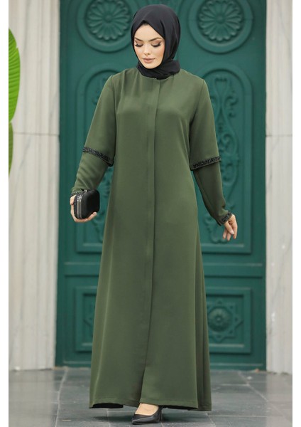 Kolları Detaylı Haki Tesettür Ferace 10091HK