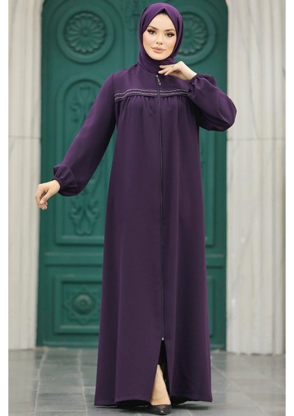 Fermuarlı Mürdüm Tesettür Ferace 10533MU