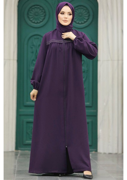 Fermuarlı Mürdüm Tesettür Ferace 10533MU modelleri