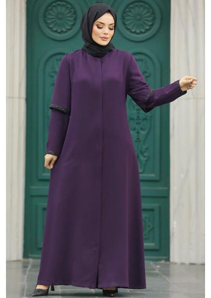 Kolları Detaylı Mürdüm Tesettür Ferace 10091MU