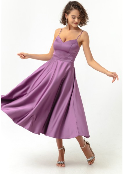 Kadın Lavanta Ince Askılı Midi Saten Abiye Elbise