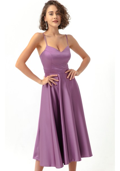 Kadın Lavanta Ince Askılı Midi Saten Abiye Elbise modelleri
