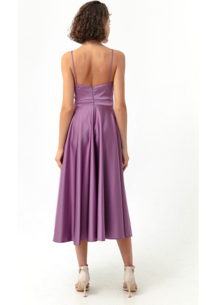 Kadın Lavanta Ince Askılı Midi Saten Abiye Elbise indirimleri