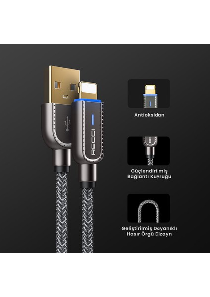 Hızlı Şarj Özellikli Lightning iphone USB Kablo Recci RS02L Smart Power-Off Serisi 1m