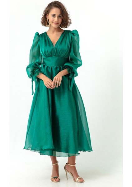Kadın Zümrüt Yeşili Balon Kol V Yaka Midi Abiye Elbise fiyatları