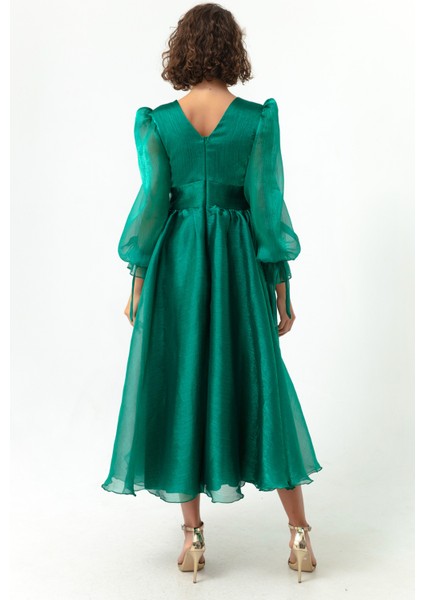 Kadın Zümrüt Yeşili Balon Kol V Yaka Midi Abiye Elbise indirimleri