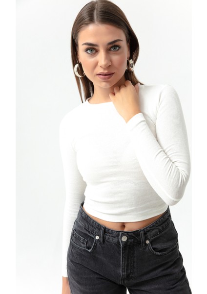 Kadın Ekru Fitilli Uzun Kollu Crop Bluz