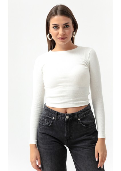 Kadın Ekru Fitilli Uzun Kollu Crop Bluz