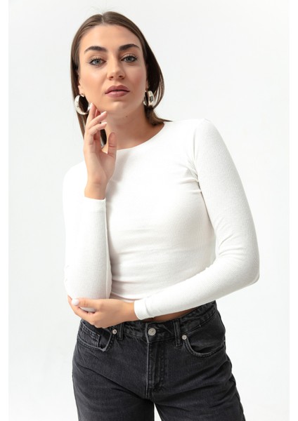 Kadın Ekru Fitilli Uzun Kollu Crop Bluz