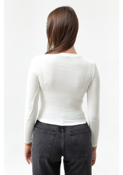 Kadın Ekru Fitilli Uzun Kollu Crop Bluz