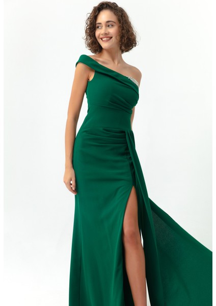 Kadın Zümrüt Yeşili Tek Omuzlu Taşlı Uzun Abiye Elbise