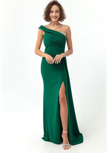 Kadın Zümrüt Yeşili Tek Omuzlu Taşlı Uzun Abiye Elbise fiyatları