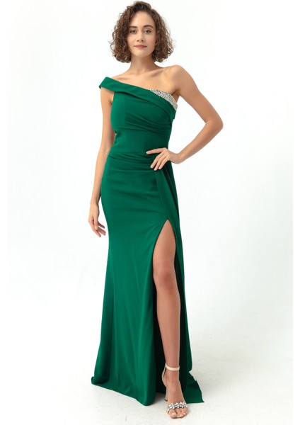 Kadın Zümrüt Yeşili Tek Omuzlu Taşlı Uzun Abiye Elbise fırsatları