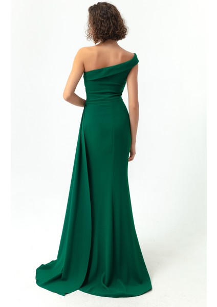 Kadın Zümrüt Yeşili Tek Omuzlu Taşlı Uzun Abiye Elbise indirimleri