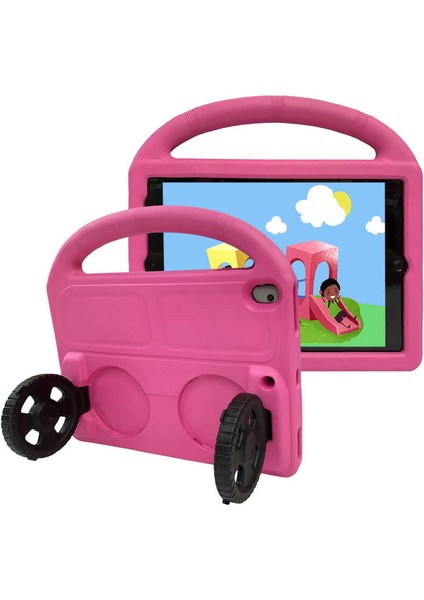 iPad 10.2 (9.nesil) Htstore Wheel Araç Tekerlek Standlı Tablet Eva Silikon Kılıf-Pembe