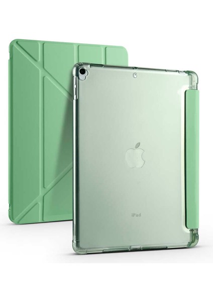 iPad 10.2 2021 (9.nesil) Kılıf Htstore Tri Folding Kalem Bölmeli Standlı Kılıf-Açık Yeşil