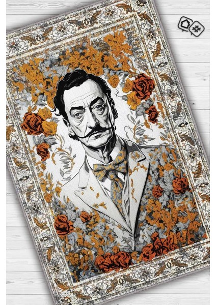 Salvador Dali ,Modern Çiçek Desenli Art Deco Vintage Halı,Çok Renkli Maksimalist Halı