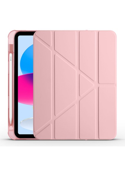 iPad 10.9 2022 (10.nesil) Kılıf Htstore Tri Folding Kalem Bölmeli Standlı Kılıf-Rose Gold