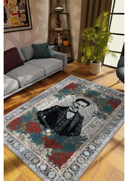 Nikola Tesla ,Modern Çiçek Desenli Art Deco Vintage Halı,Çok Renkli Maksimalist Halı