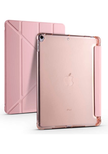 iPad 10.2 2021 (9.nesil) Kılıf Htstore Tri Folding Kalem Bölmeli Standlı Kılıf-Rose Gold