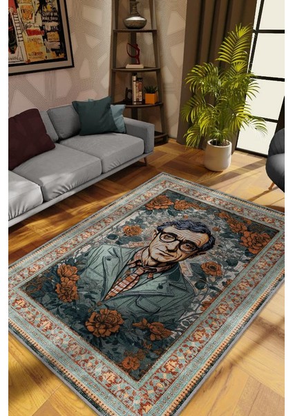 Woody Allen ,Modern Çiçek Desenli Art Deco Vintage Halı,Çok Renkli Maksimalist Halı