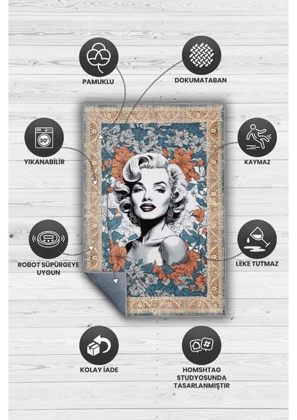 Marilyn Monroe,Modern Çiçek Desenli Art Deco Vintage Halı,Çok Renkli Maksimalist Halı