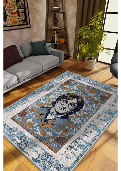 John Lennon ,Modern Çiçek Desenli Art Deco Vintage Halı,Çok Renkli Maksimalist Halı