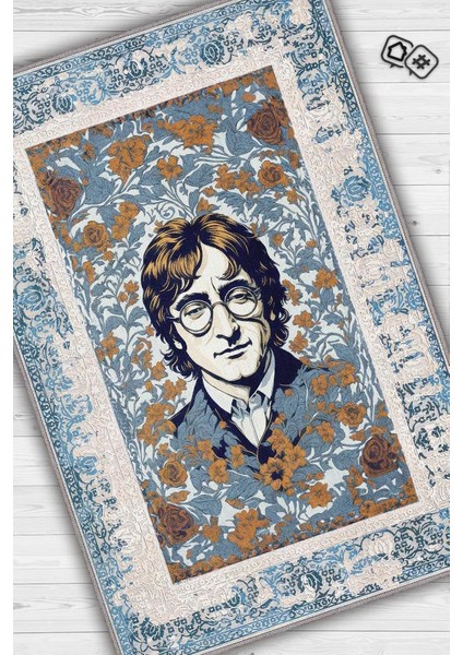 John Lennon ,Modern Çiçek Desenli Art Deco Vintage Halı,Çok Renkli Maksimalist Halı