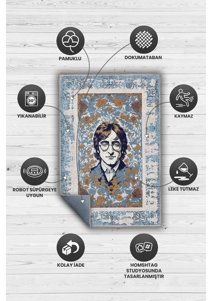 John Lennon ,Modern Çiçek Desenli Art Deco Vintage Halı,Çok Renkli Maksimalist Halı