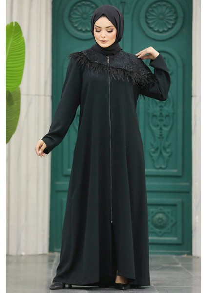 Tüy Detaylı Siyah Tesettür Ferace 10103S