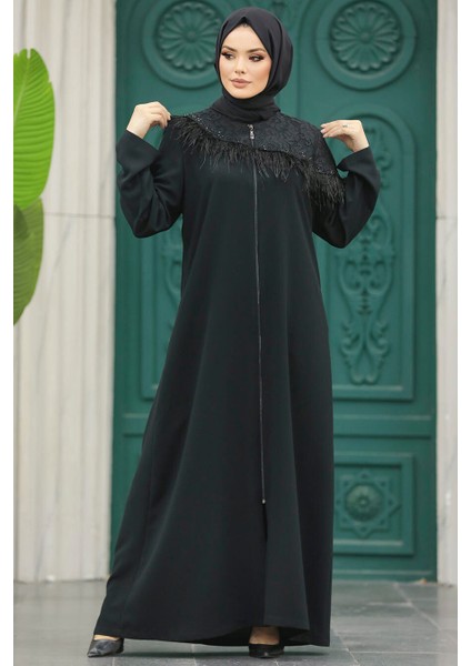 Tüy Detaylı Siyah Tesettür Ferace 10103S fiyatları