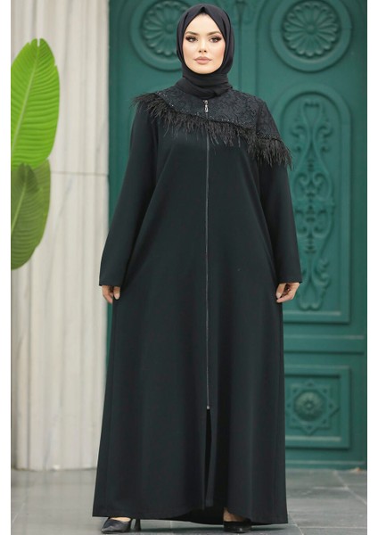 Tüy Detaylı Siyah Tesettür Ferace 10103S fırsatları