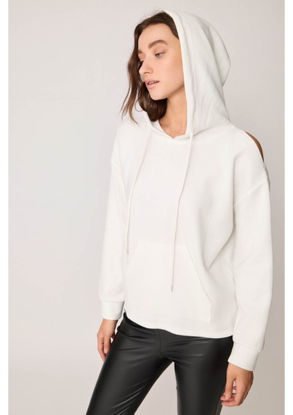 Omuz Dekolteli Kanguru Cep Kapüşonlu Sweatshirt fırsatları