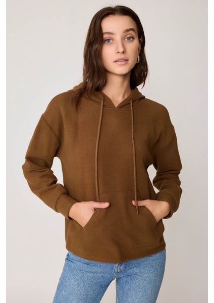 Omuz Dekolteli Kanguru Cep Kapüşonlu Sweatshirt fırsatları