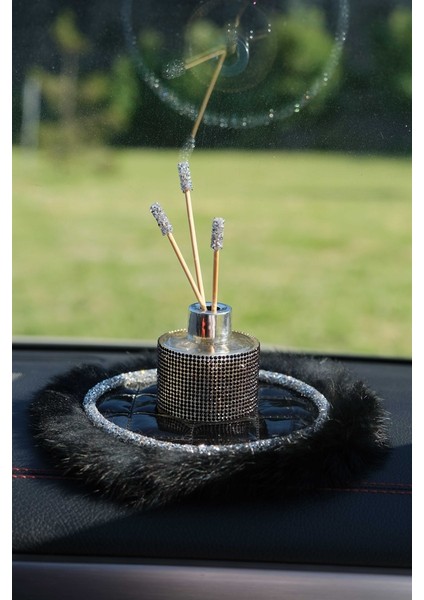 Siyah Rugan Gümüş Kordon Siyah Tüy & Mor Yuvarlak Kavanoz Koku Set