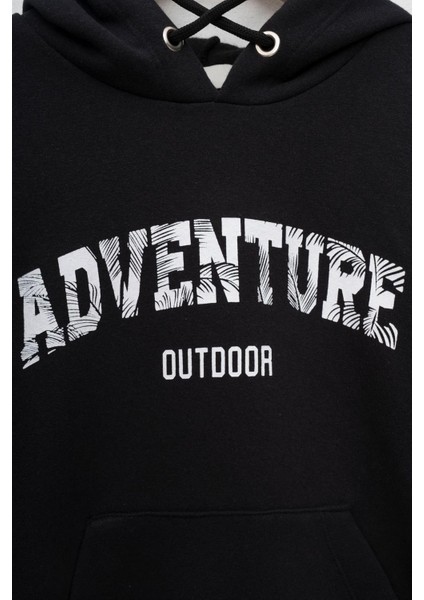 Erkek Çocuk Siyah Renkli Adventure Outdoor Baskılı Kapüşonlu Sweatshirt