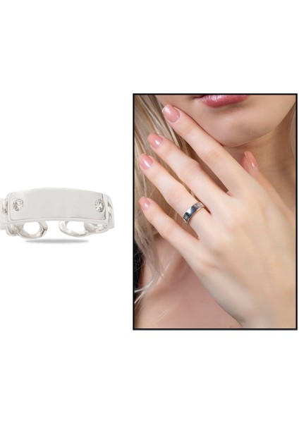 Zirkon Taşlı Zincir Tasarım Silver Renk Free Size Kişiye Özel Isim/harf Yazılı 925 Ayar Gümüş Kadın Yüzük