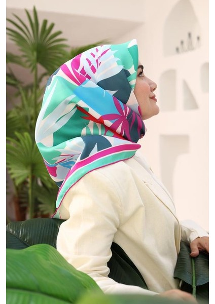 Mint Yeşili-Beyaz Yaprak Desen Tivil Ipek Eşarp 11406-01 fiyatları