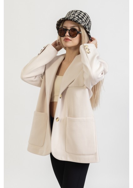 Kaşe Oversize Kısa Kaban, Kısa Krem Ceket, Blazer Kalın Ceket,