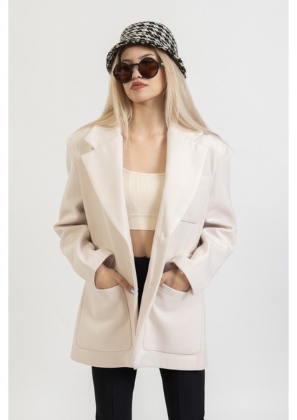 Kaşe Oversize Kısa Kaban, Kısa Krem Ceket, Blazer Kalın Ceket,