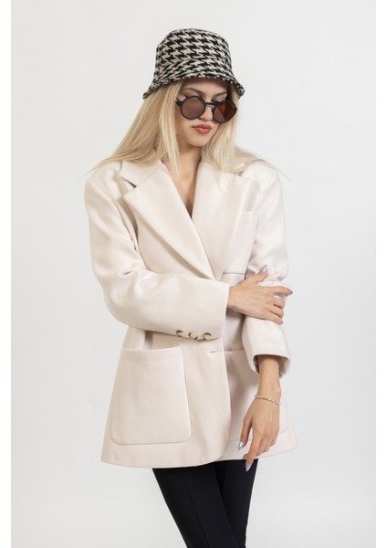 Kaşe Oversize Kısa Kaban, Kısa Krem Ceket, Blazer Kalın Ceket,