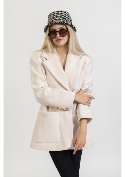 Kaşe Oversize Kısa Kaban, Kısa Krem Ceket, Blazer Kalın Ceket,