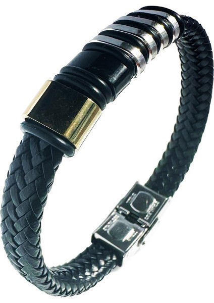 Örgülü Deri Tasarım Gümüş ve Altın Kaplama Erkek Bileklik