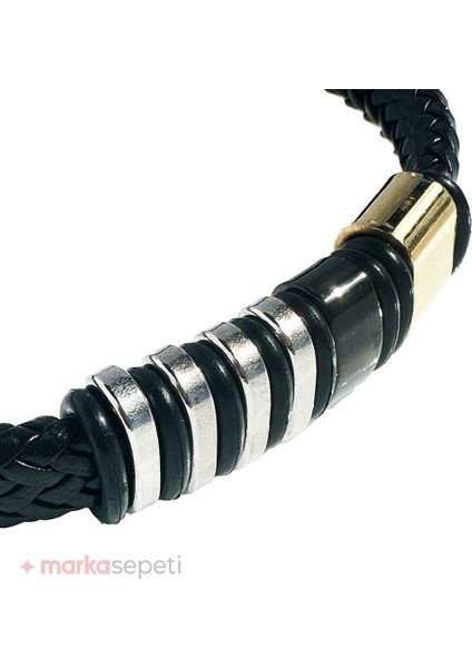 Örgülü Deri Tasarım Gümüş ve Altın Kaplama Erkek Bileklik indirimleri